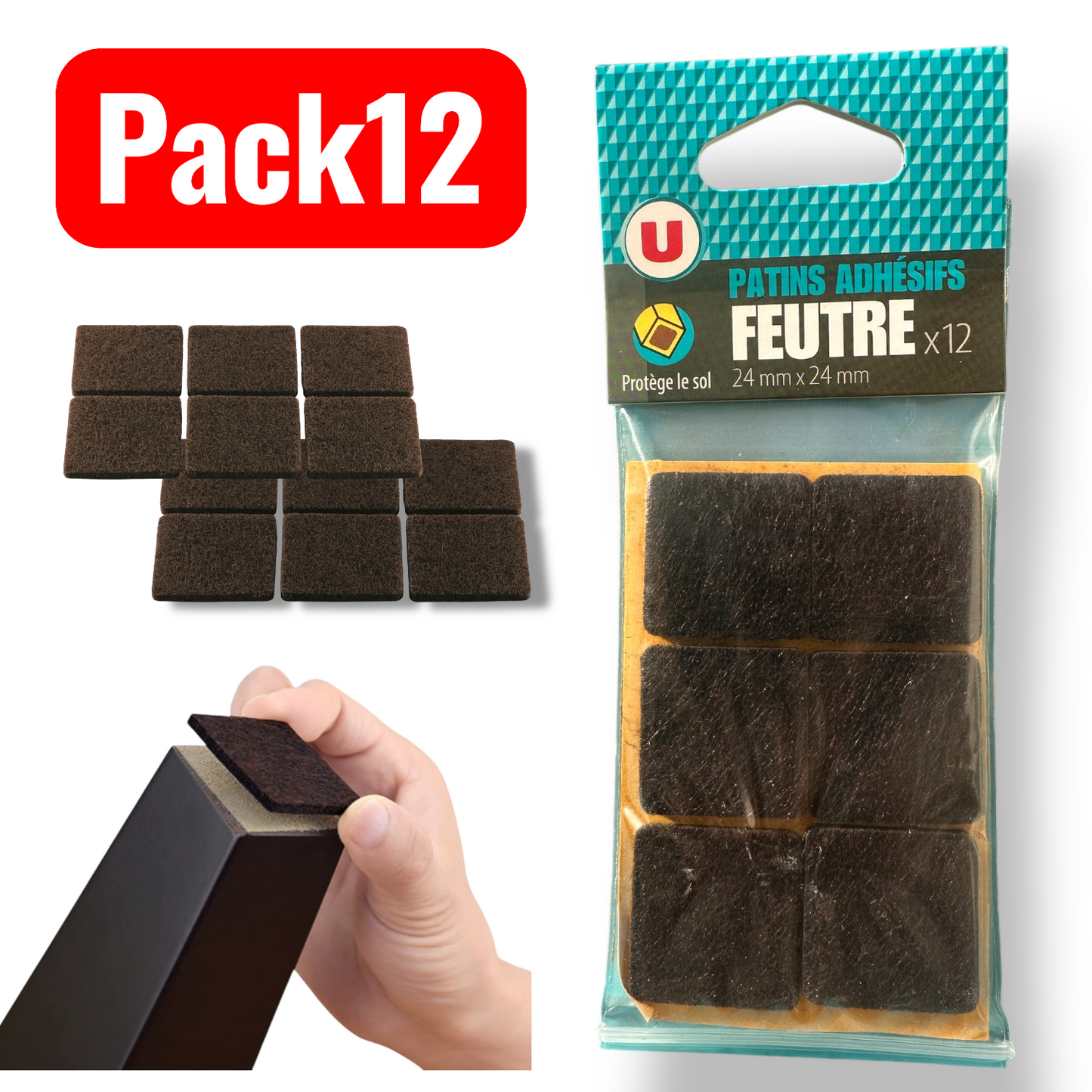 Patin Feutre Adhésif 24X24mm Marron Pack 12pcs Antidérapant SQES