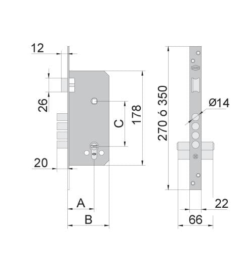 Serrure encastre à mortaise - 4 Pistons - Avec cylindre - 2058