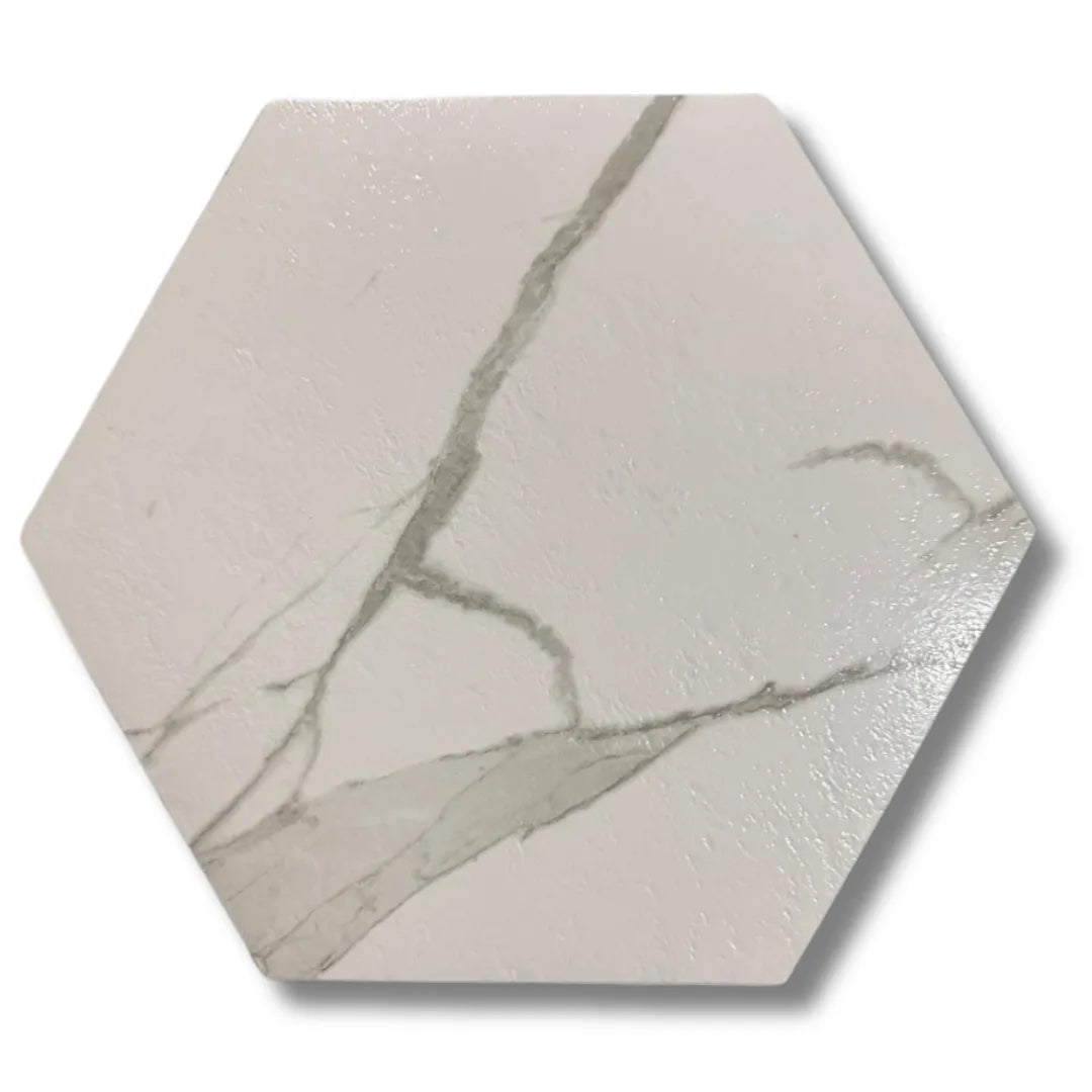 Panneaux autocollants de sol en PVC (6 pcs) imperméables et antidérapants hexagonaux 23cmx20cm, Blanc marbre - SQES