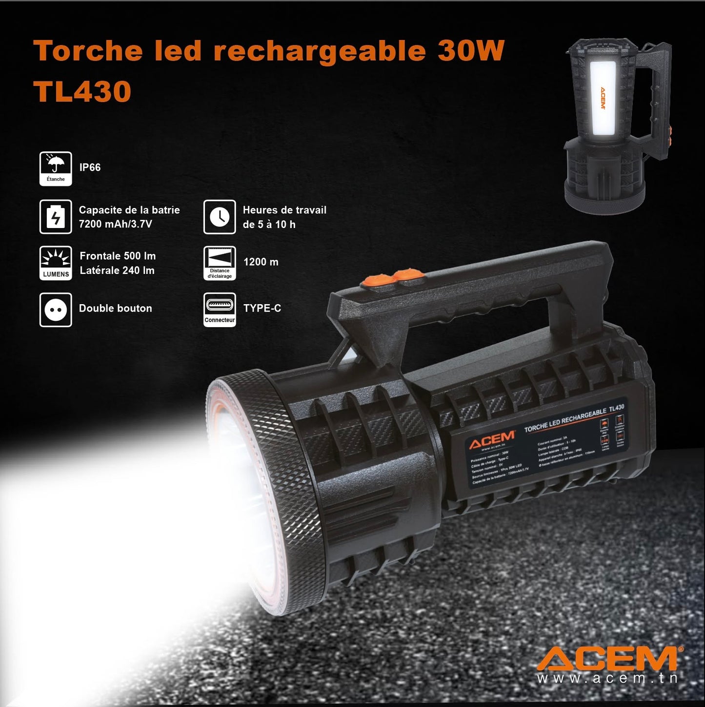 Torche LED Rechargeable 30W IP66 – Batterie 7200 mAh – USB Type-C