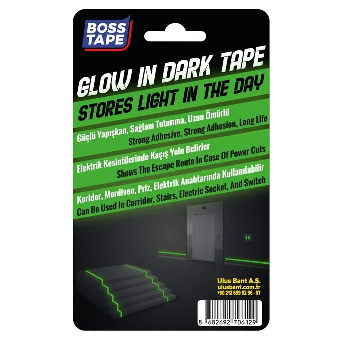 BOSS TAPE Ruban adhésif phosphorescent fluorescent lumineux 15mmx5m - SQES