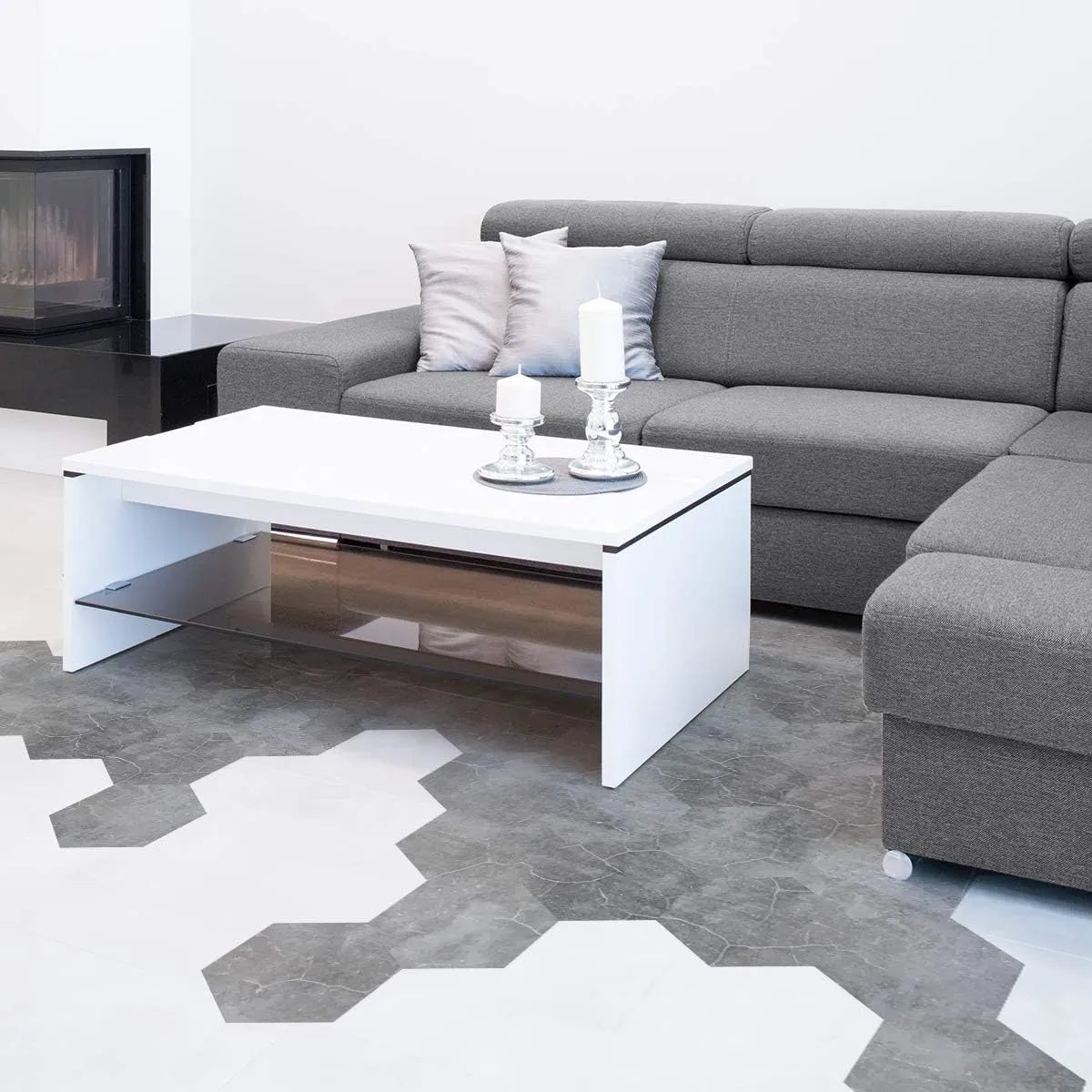 Panneaux autocollants de sol en PVC (6 pcs) imperméables et antidérapants hexagonaux 23cmx20cm, Gris - SQES