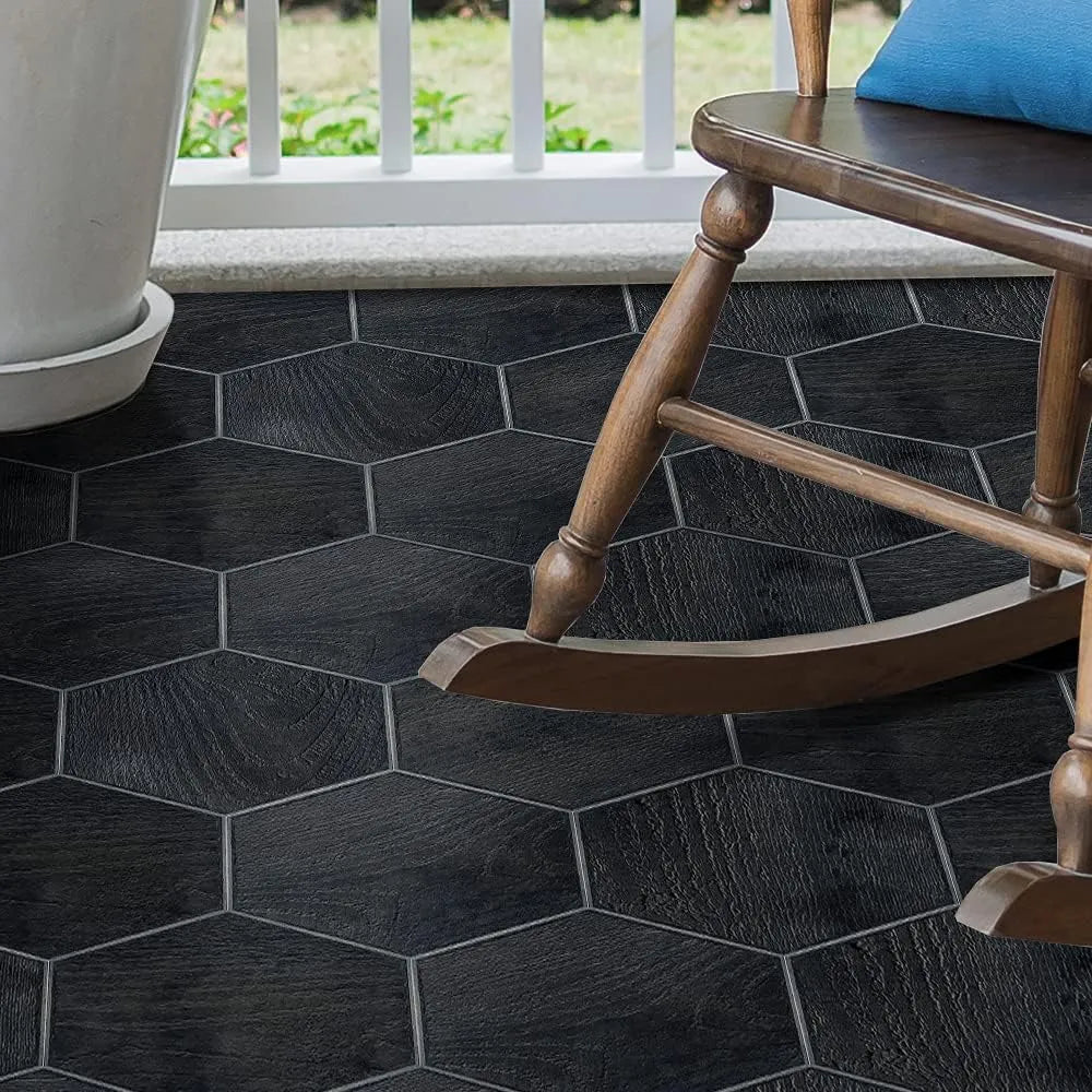 Panneaux autocollants de sol en PVC (6 pcs) imperméables et antidérapants hexagonaux 23cmx20cm, Noir - SQES