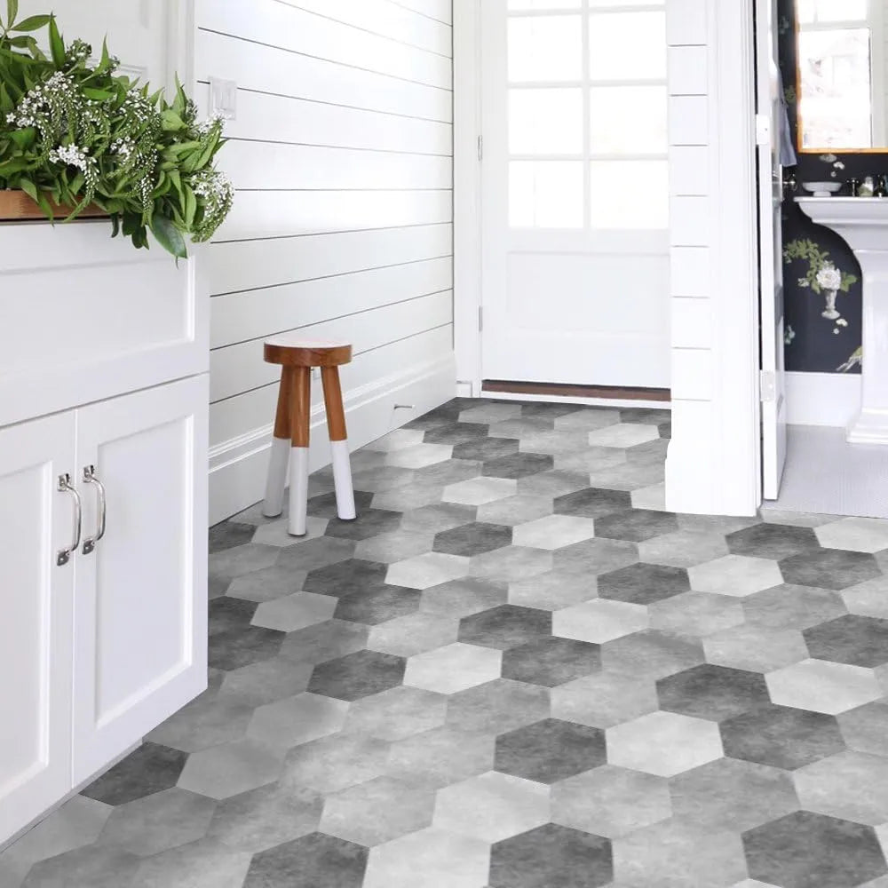 Panneaux autocollants de sol en PVC (12 pcs) imperméables et antidérapants hexagonaux 23cmx20cm, Noir, gris et blanc Marbre - SQES