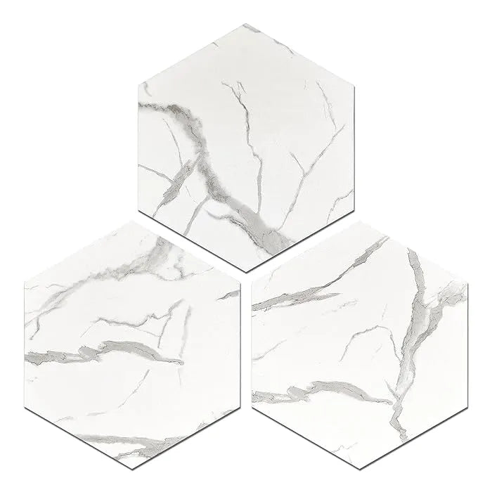 Panneaux autocollants de sol en PVC (6 pcs) imperméables et antidérapants hexagonaux 23cmx20cm, Blanc marbre - SQES