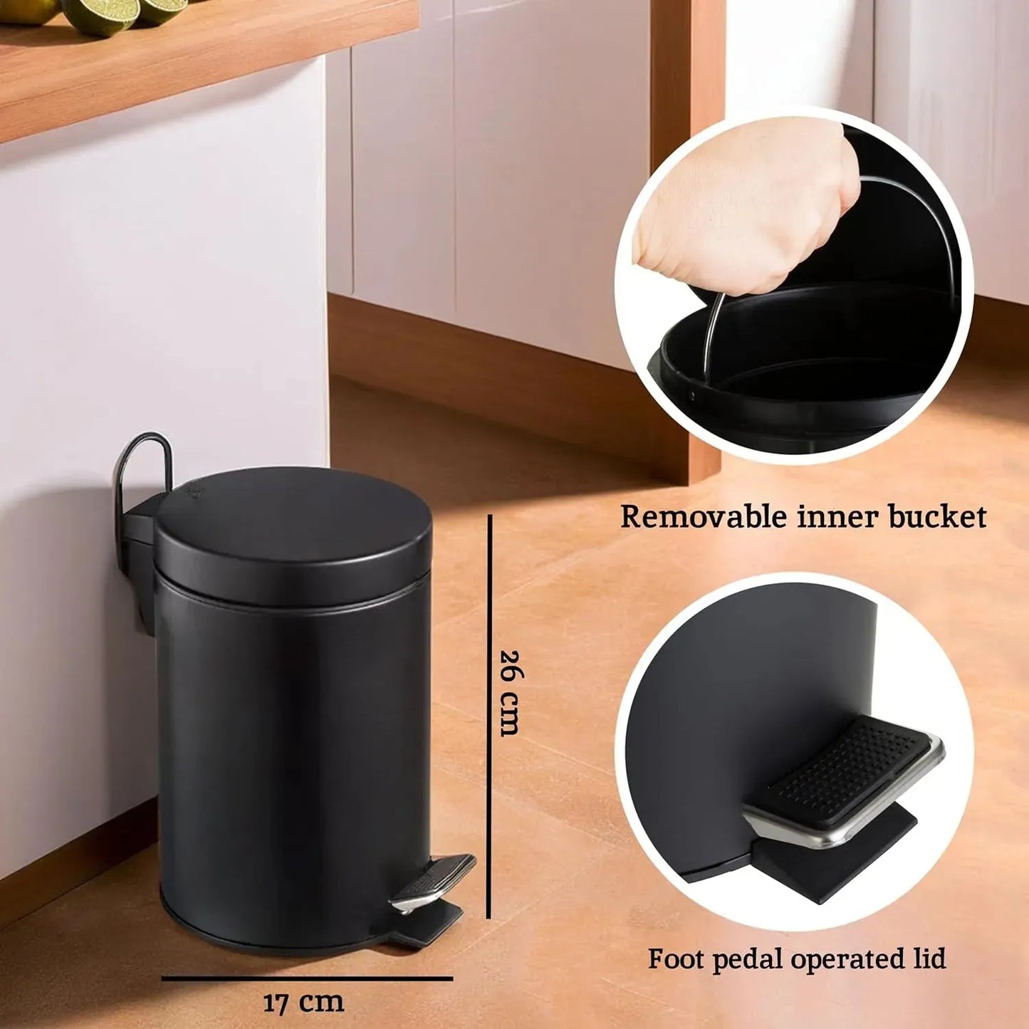 Poubelle à pédale - NOIR MAT - 3 litres - SQES