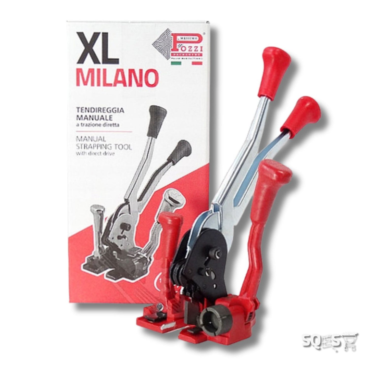 Appareil de cerclage manuel rouge avec tendeur et sertisseuse accompagné d’une bobine de feuillard plastique noir pour emballage et sécurisation des colis.