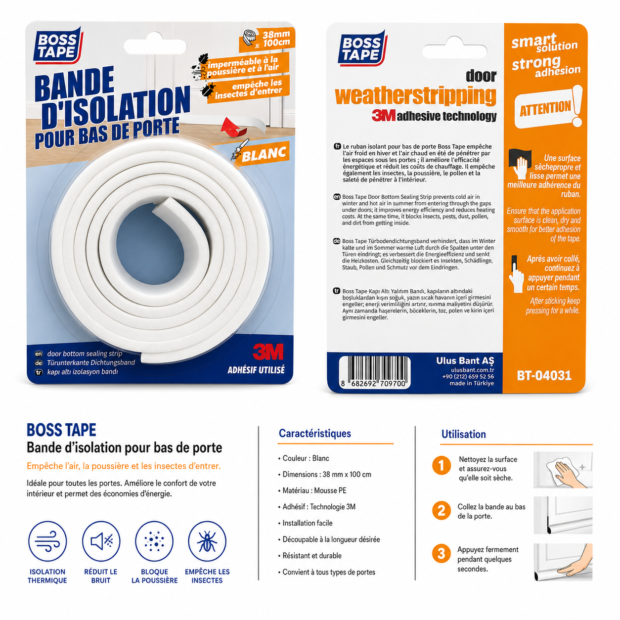 Bande d'Isolation Bas de Porte BOSS TAPE BT-04031 — Mousse PE 38mm × 100cm Blanc