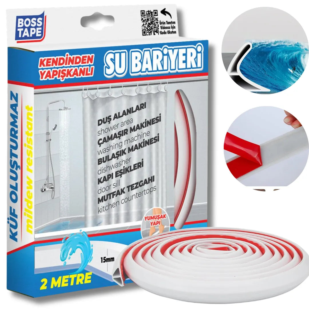 BOSS TAPE Barriere adhésif de Douche - Barrage Eau De Seuil Blanc - Joint Stop eau - 2m - SQES