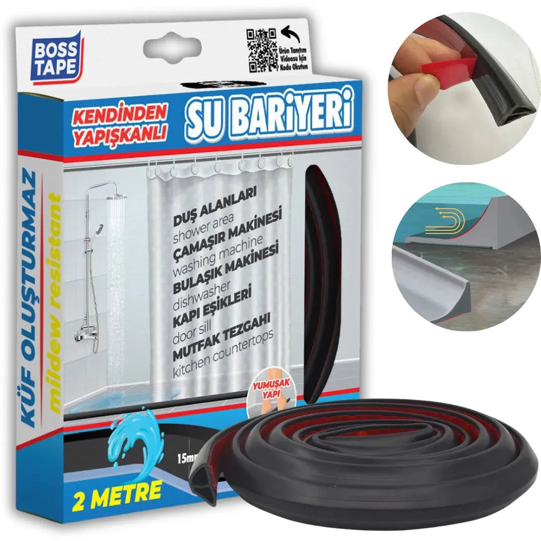 BOSS TAPE Barriere adhésif de Douche - Barrage Eau De Seuil NOIR - Joint Stop eau - 2m - SQES