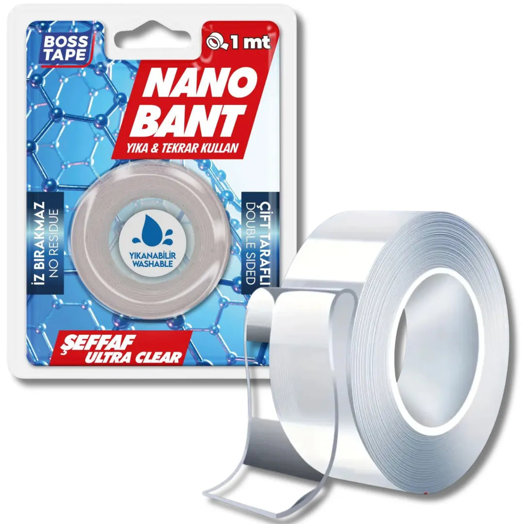 BOSS TAPE Double Face Nano Tape, Scotch Lavable et Réutilisable transparent 19mmx1m - SQES
