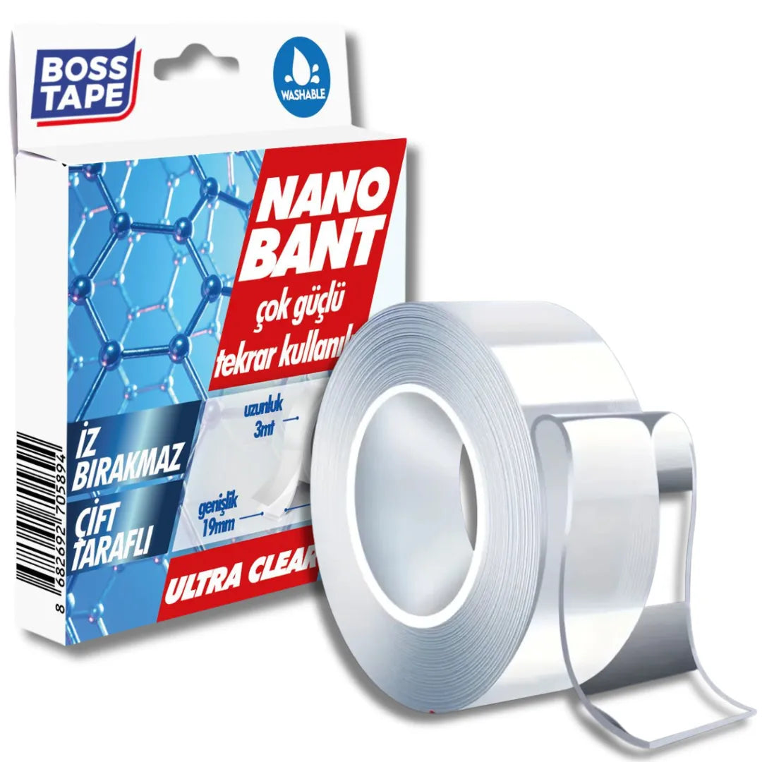 BOSS TAPE Double Face Nano Tape, Scotch Lavable et Réutilisable transparent 19mmx3m - SQES