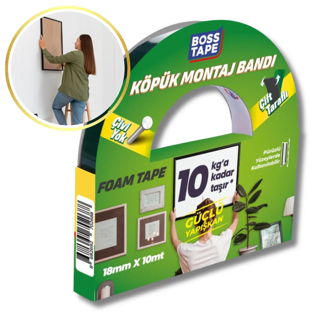 BOSS TAPE Ruban Adhésif Double Face de montage en mousse 19mmx10m (max 10kg) - SQES