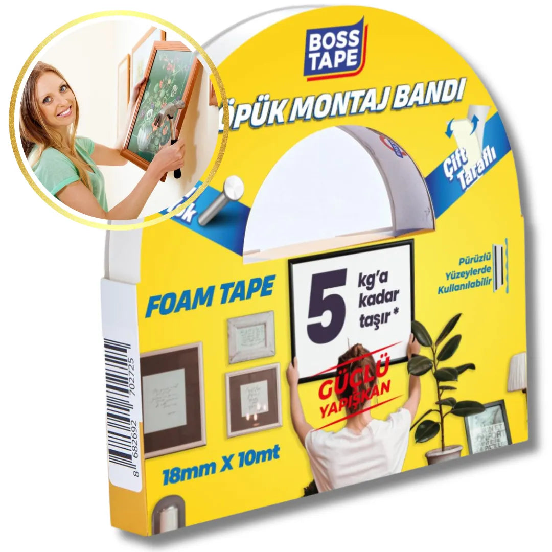 BOSS TAPE Ruban Adhésif Double Face de montage en mousse 19mmx10m (max 5kg) - SQES