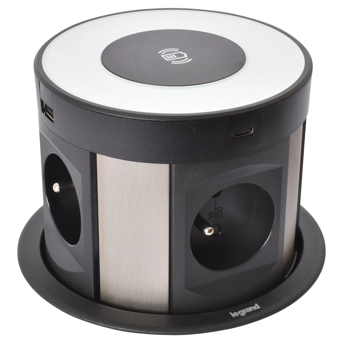 Incara Tower 120 Ø121mm à encastrer dans mobilier avec 4 prises 2P+T, 4 chargeurs USB, sans fils induction et cordon - SQES