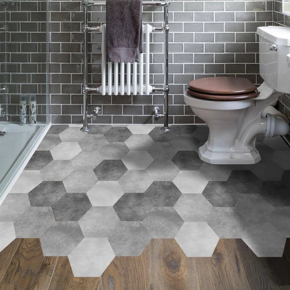 Panneaux autocollants de sol en PVC (12 pcs) imperméables et antidérapants hexagonaux 23cmx20cm, Noir, gris et blanc Marbre - SQES