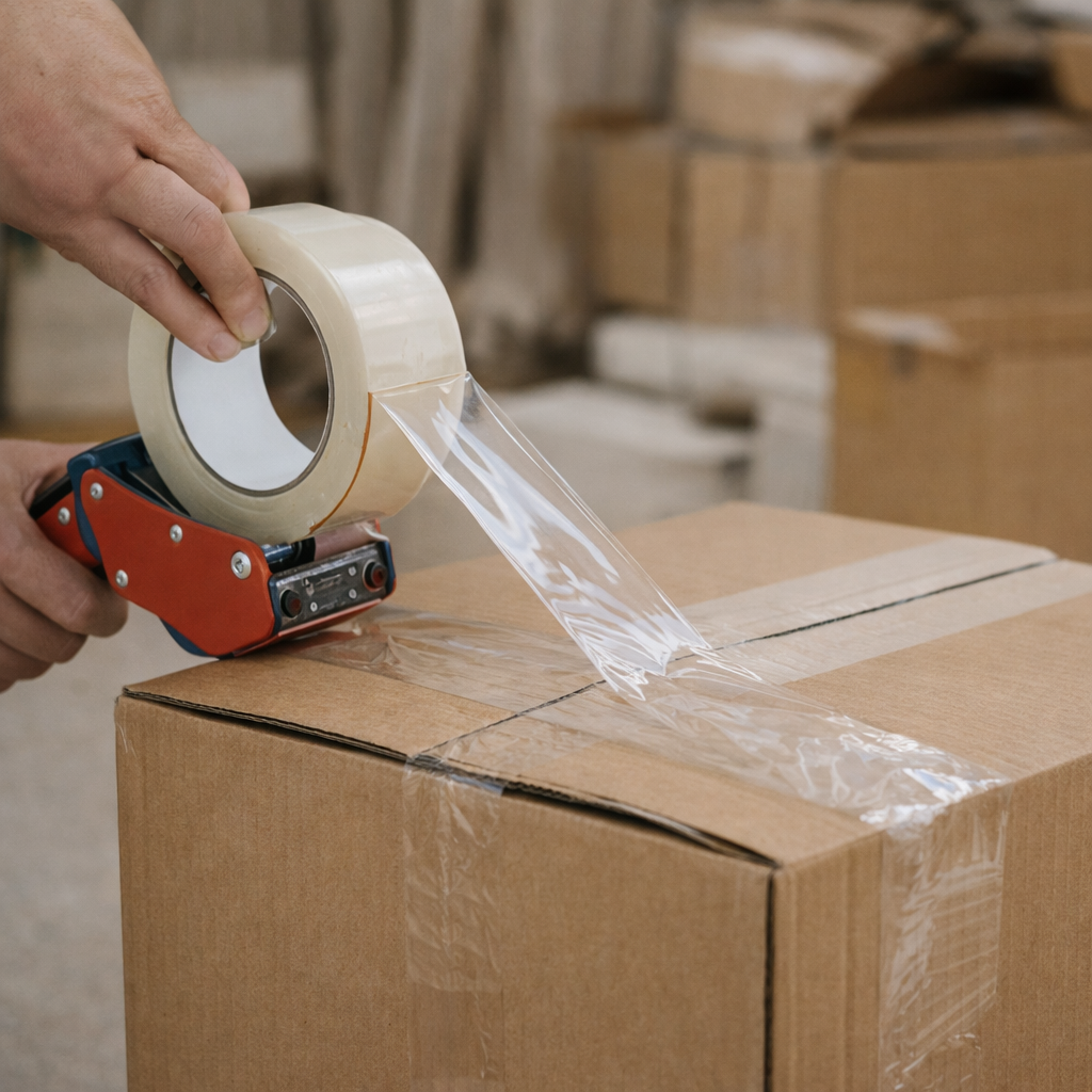 Emballage carton avec dévidoir et ruban adhésif transparente