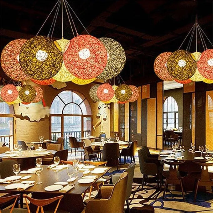 Plafonnier en Rotin Naturel MARRON - Lustre rond en forme de globe Ø40 - SQES