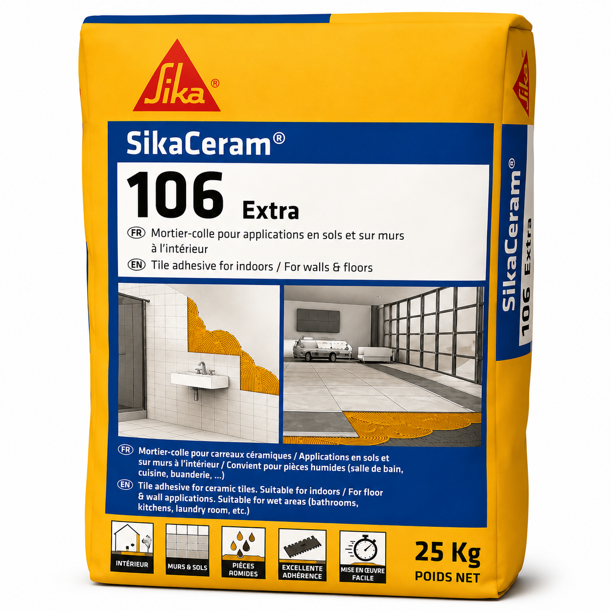 SikaCeram®-106 Extra 25kg, mortier-colle C1TE travaux neufs pièces humides. Temps ouvert prolongé, sans glissement, résiste au gel. SQES Tunisie.