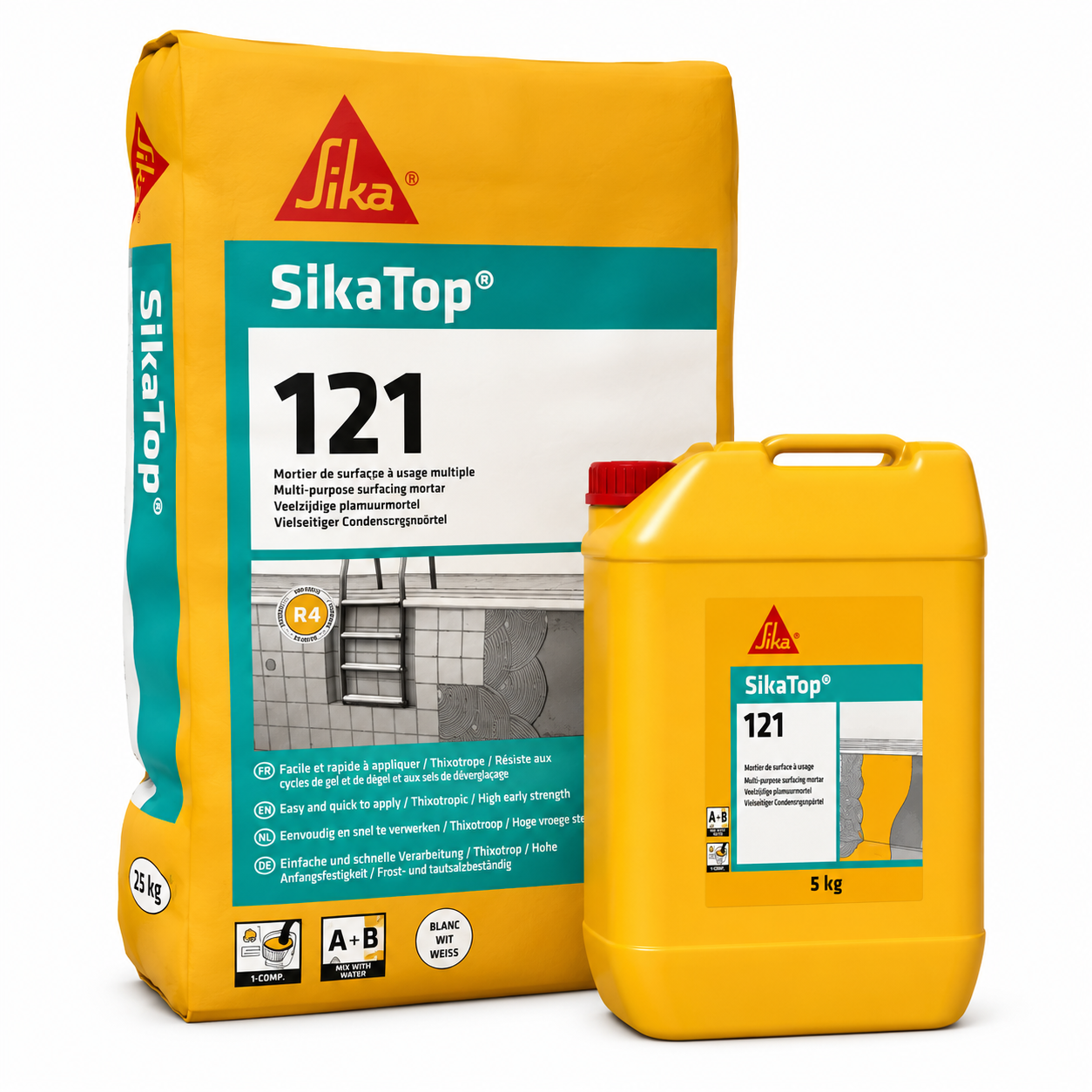 SikaTop®-121 Surfaçage Blanc kit 10,7kg, mortier bicomposant surfaçage et réparation. Prêt à peindre, imperméable, adhérence excellente. SQES Tunisie.