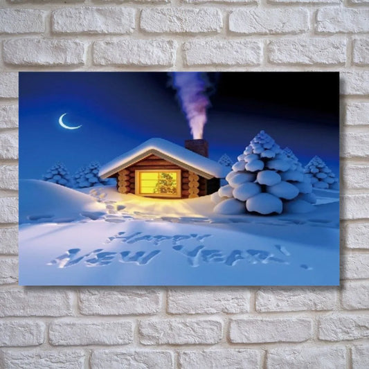 Tableau Happy New Year Neige 40X60cm imprimé sur Toile Textile Haute qualité (avec éclairage LED lumineux) - SQES