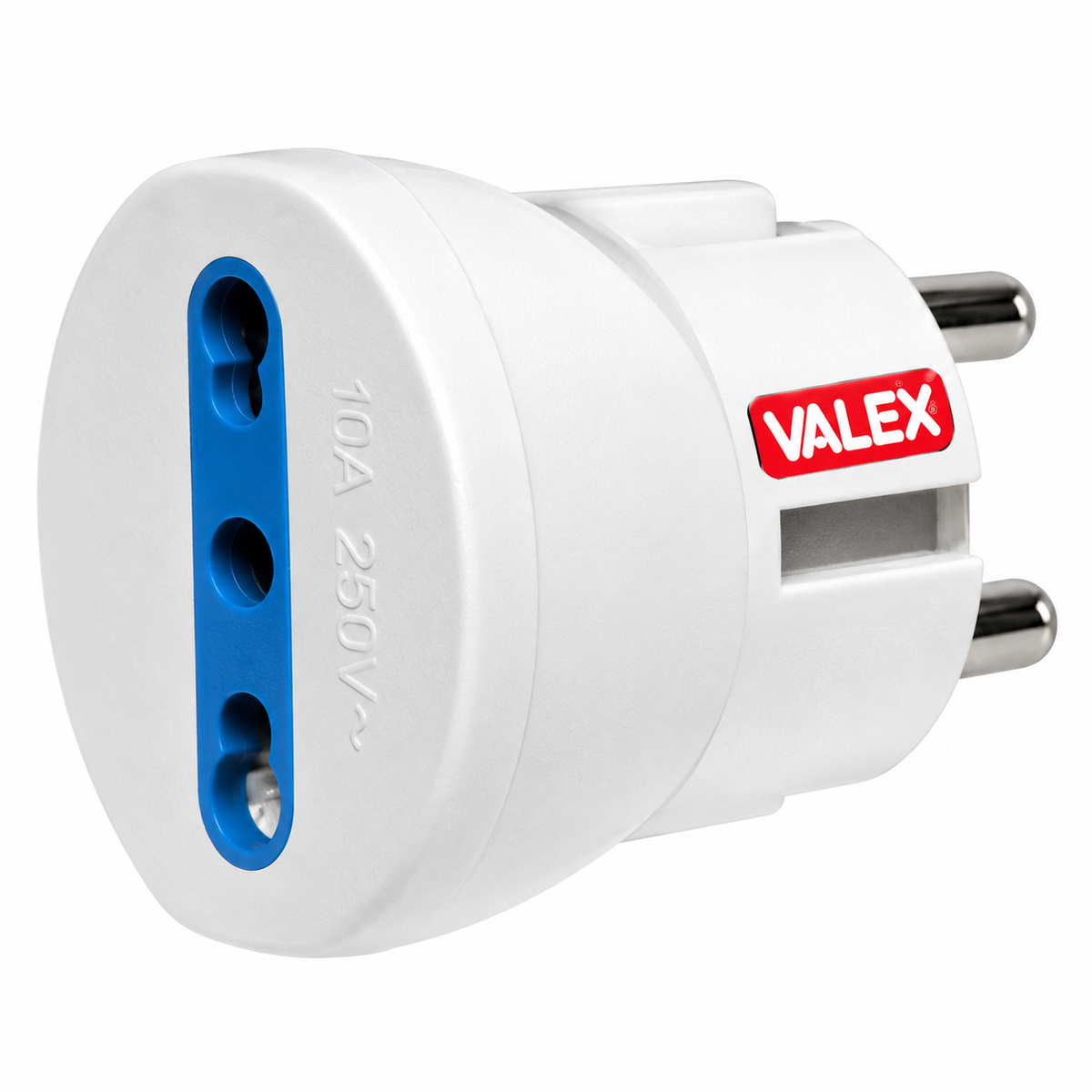 Adaptateur électrique VALEX 1140033 blanc avec prise Bipasso et fiche Schuko. Format compact pour connexions électriques compatibles.