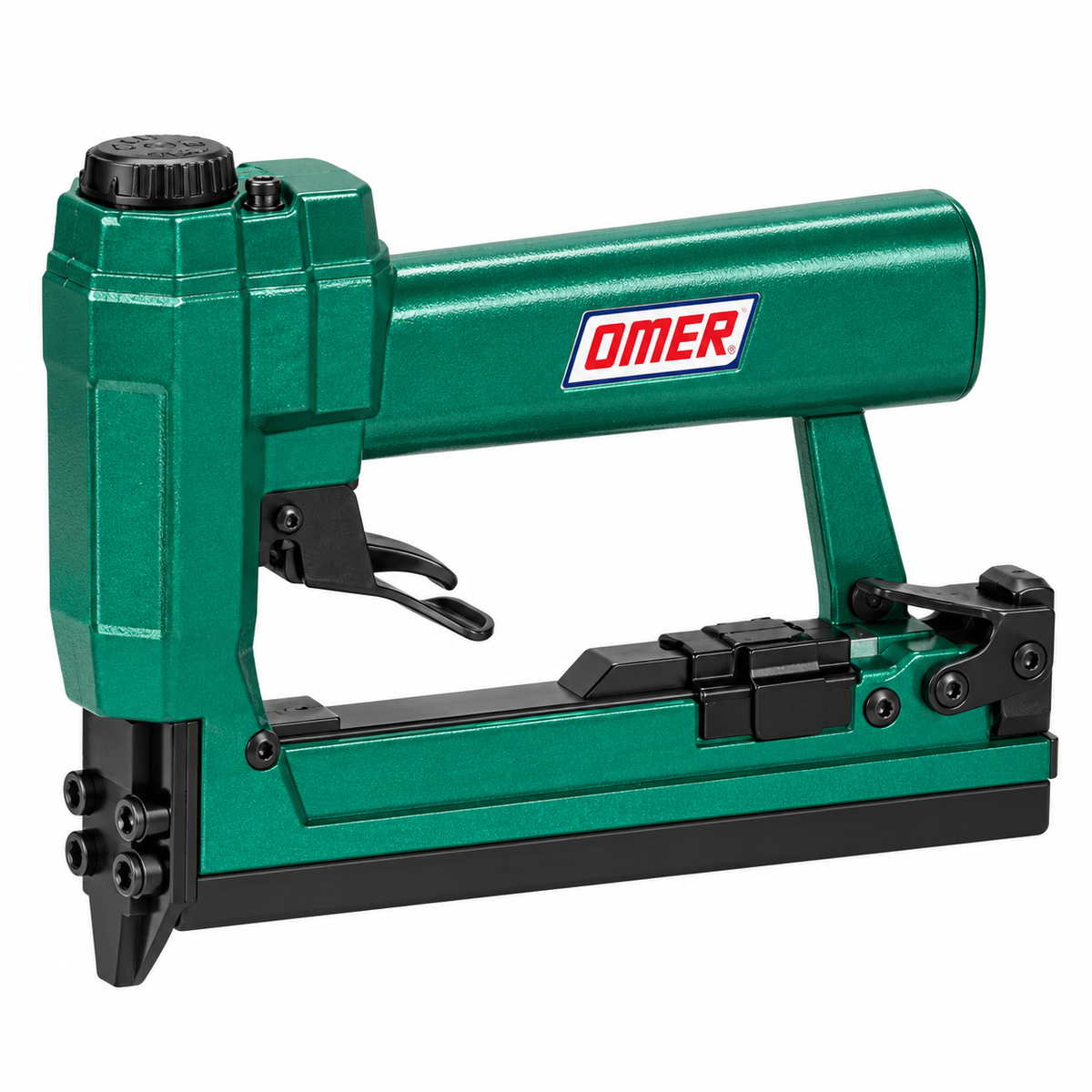 Agrafeuse pneumatique OMER PR 18, pression 4 à 7 bar, consommation 0,1 L/coup et poids 0,65 kg.