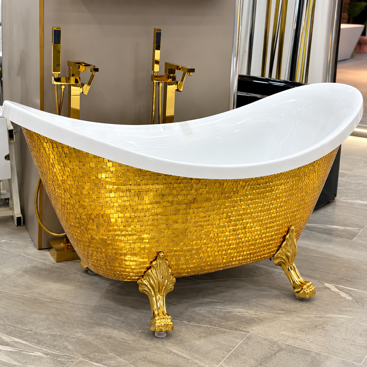 Baignoire autoportante SP1896-JT, intérieur en acrylique blanc, extérieur en mosaïque dorée et pied finition dorée, 171 × 80 × 81 cm, pour salle de bains | SQES Tunisie