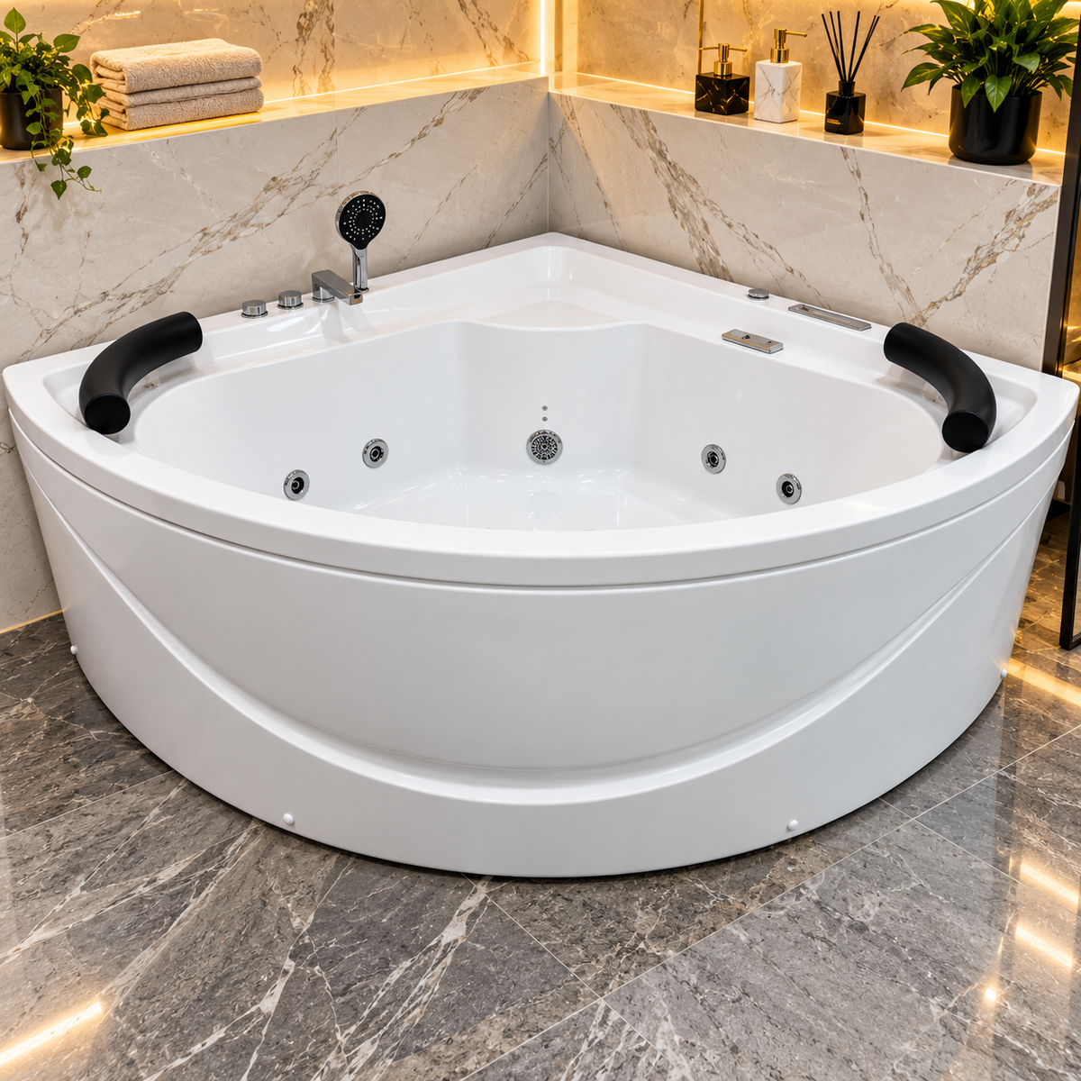 Baignoire hydromassage M3058-D 150 × 150 × 65 cm, pompe 1 HP et 6 jets, bain à bulles 300 W à 8 jets LED, commande tactile et radio FM | SQES Tunisie