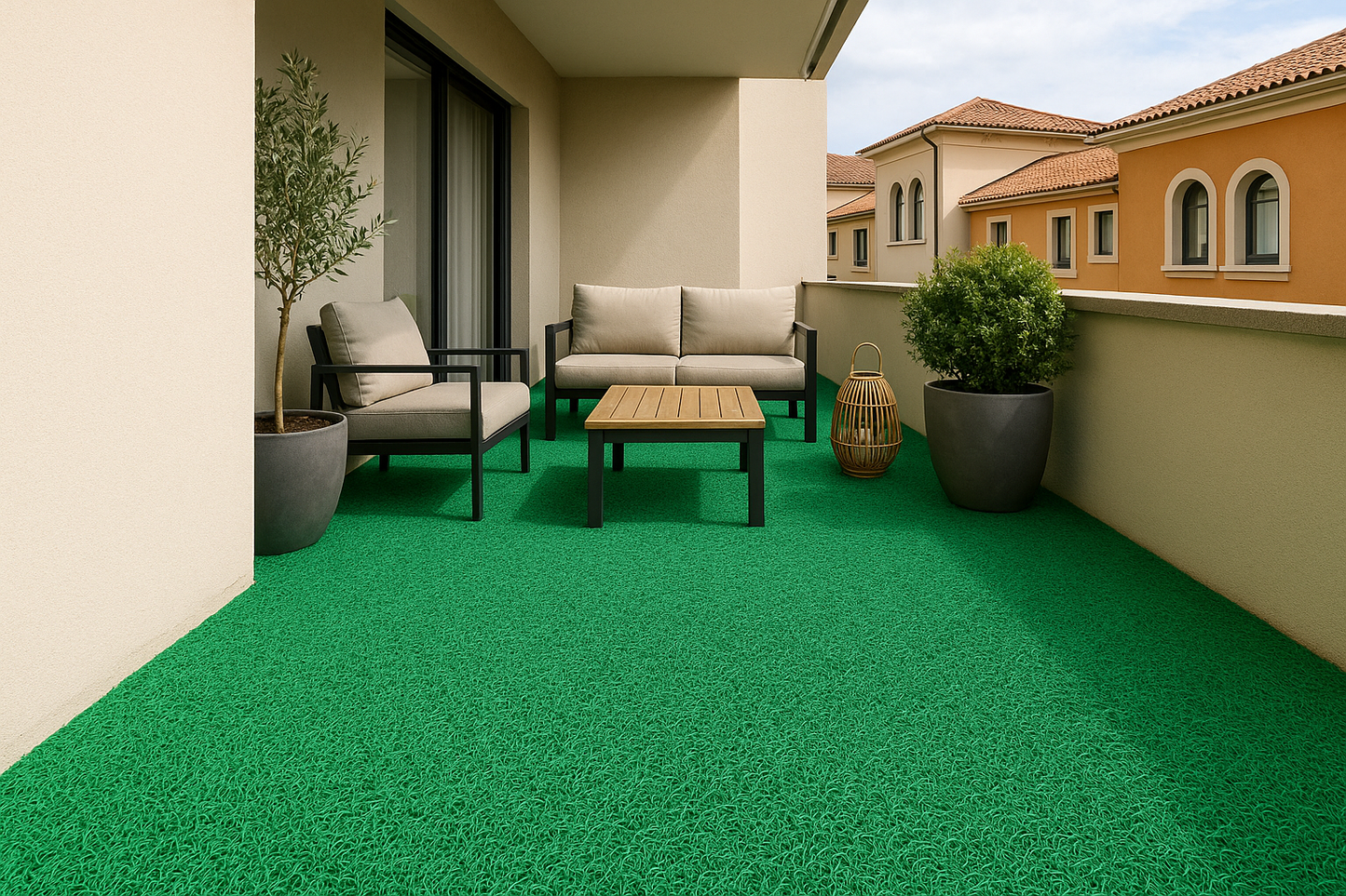 Balcon moderne entièrement couvert du tapis