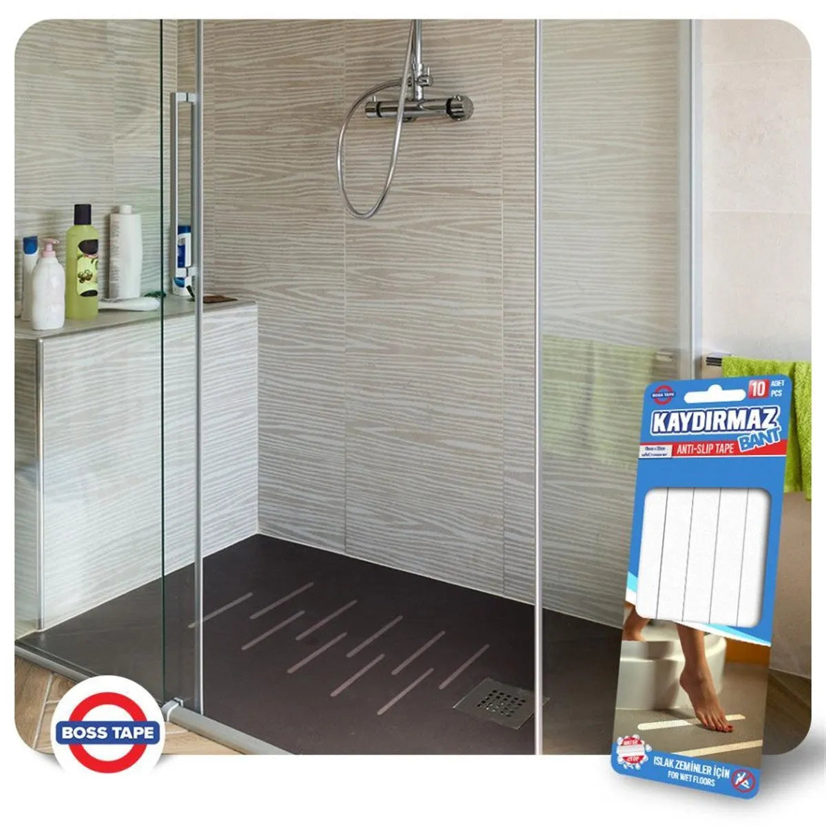 BOSSTAPE Kit bande Antidérapante adhésif Transparent pour sol de douche (10pcs 19mmx20cm) - SQES