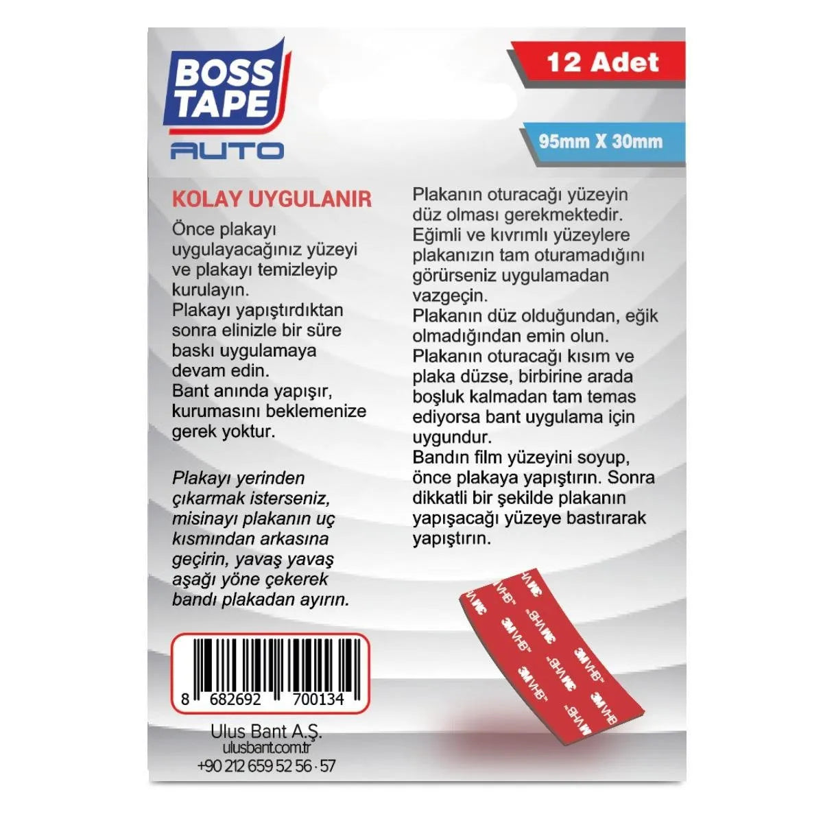 BOSS TAPE Ruban adhésif pour fixer plaque d'immatriculation (12pcs) 95mmx30mm - SQES