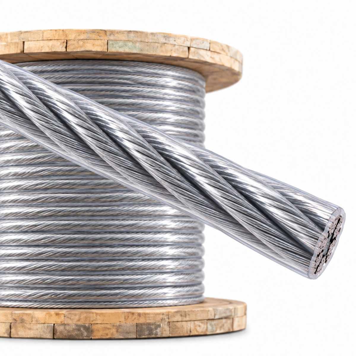 Câble acier plastifié 3,5/4,5 mm en bobine de 300 m, avec revêtement protecteur pour applications techniques compatibles.