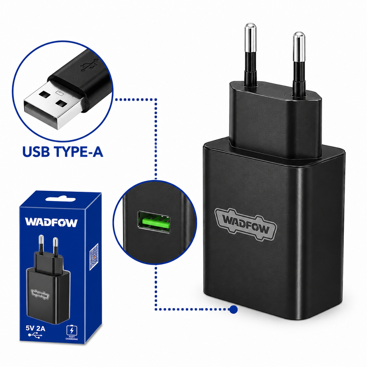 Chargeur USB Type-C 5V 2A WADFOW WFCT552 — Charge Rapide Sécurisée | SQES Tunisie