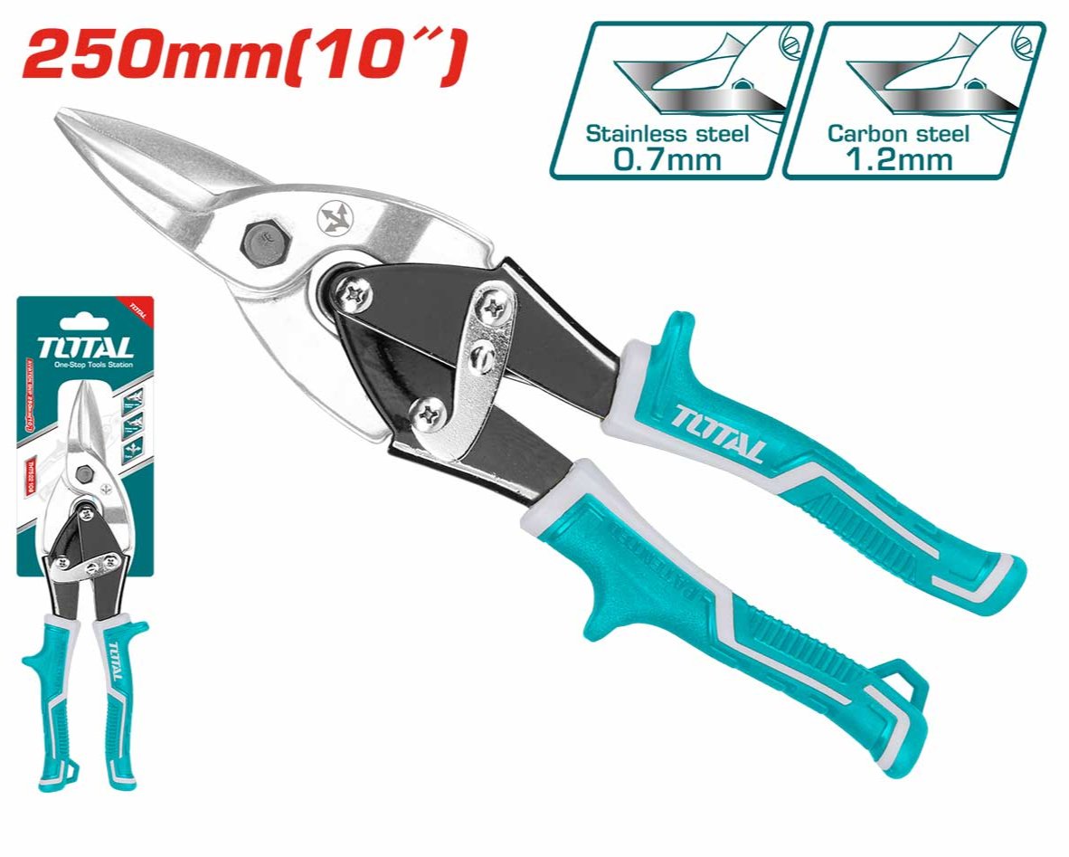 Cisaille à tôle TOTAL THT522106 250mm (10") – acier carbone 1,2mm, inox 0,7mm, manche bicolore ergonomique, découpe droite professionnelle