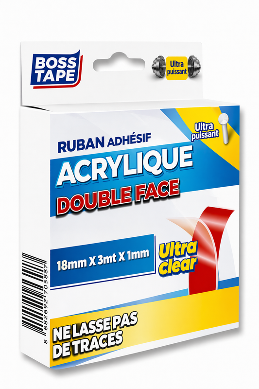Ruban double face acrylique BOSS TAPE 120kg 18mmx3m ultra-puissant. Fixation objets lourds. Meilleur prix Tunisie - SQES Ariana Menzah 8.