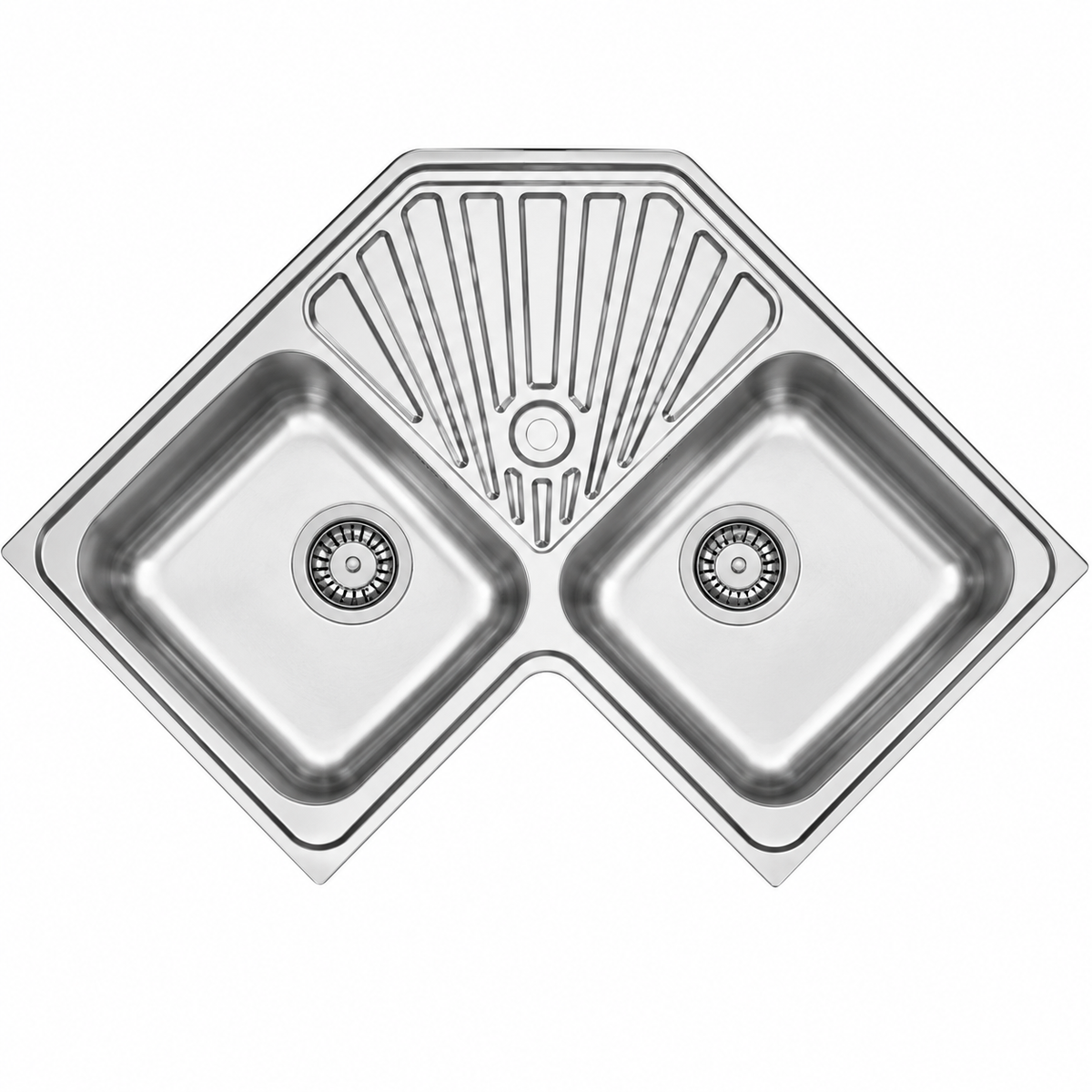Évier inox d'angle BANKA M27000 830×830 mm, 2 cuves, profondeur 200 mm, pose encastrée et meuble minimum 900×900 mm.