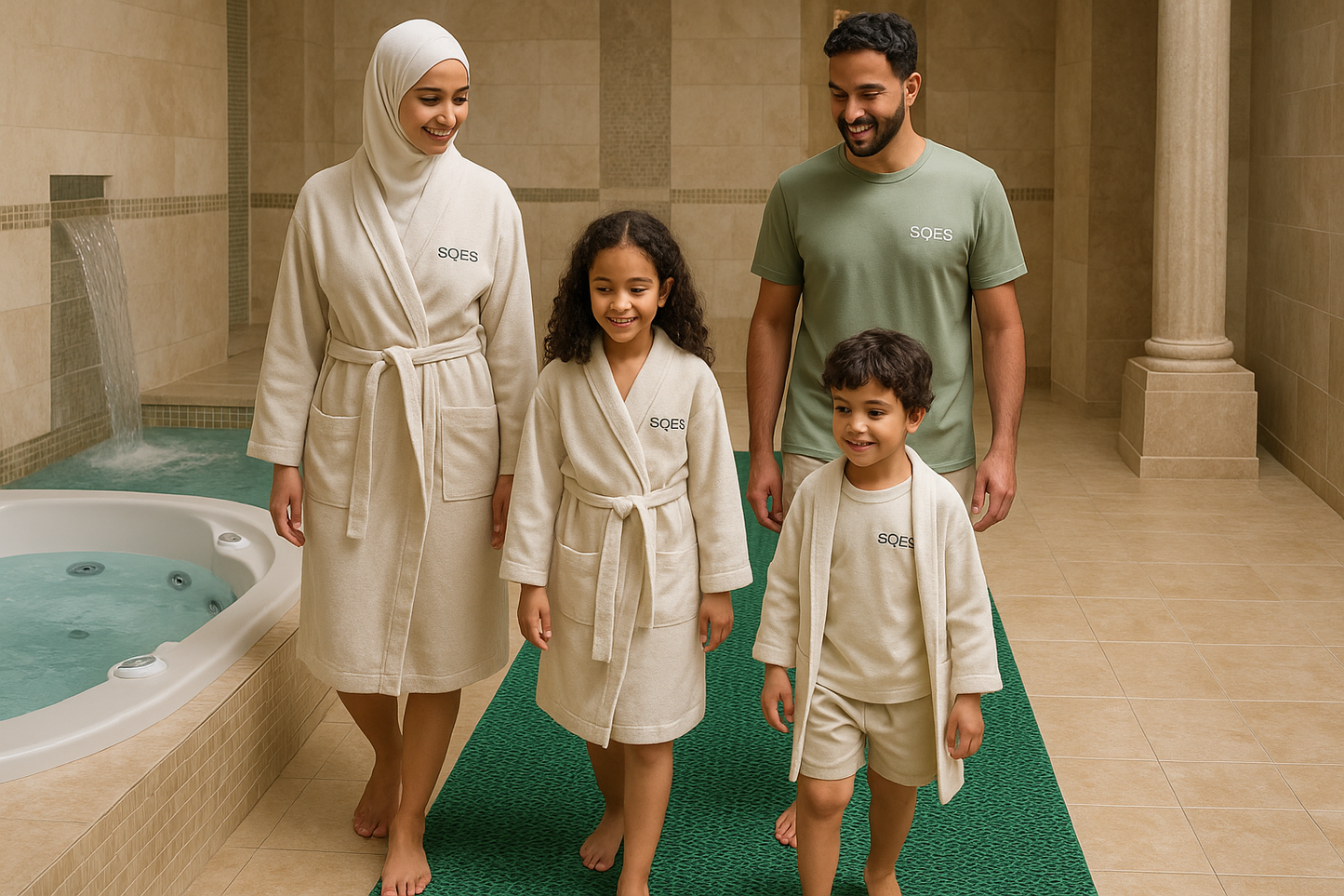 Famille dans espace spa avec tapis