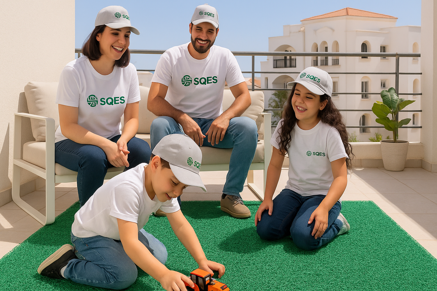 Famille sur balcon avec tapis spaghetti