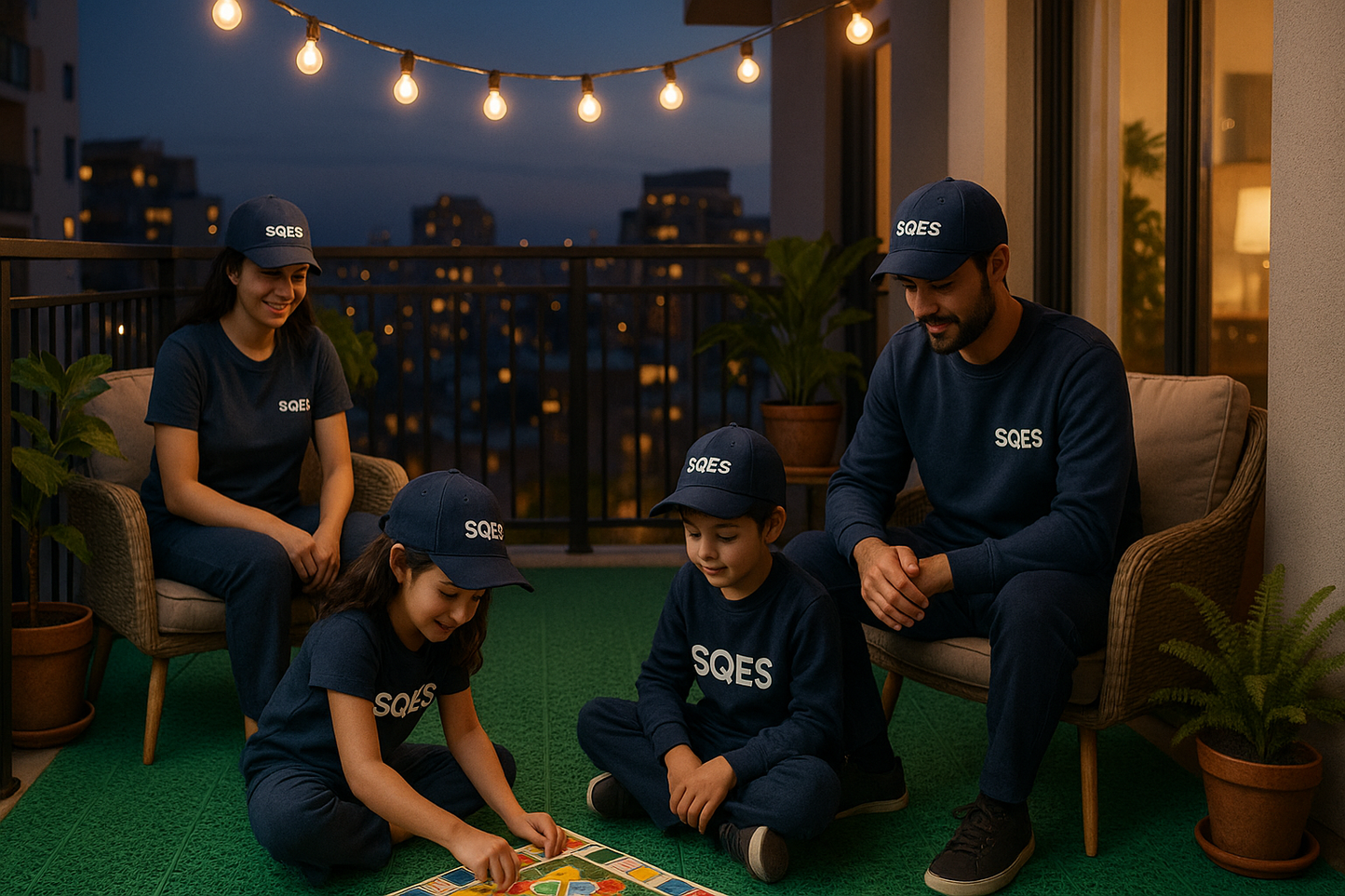 Famille sur balcon en soirée