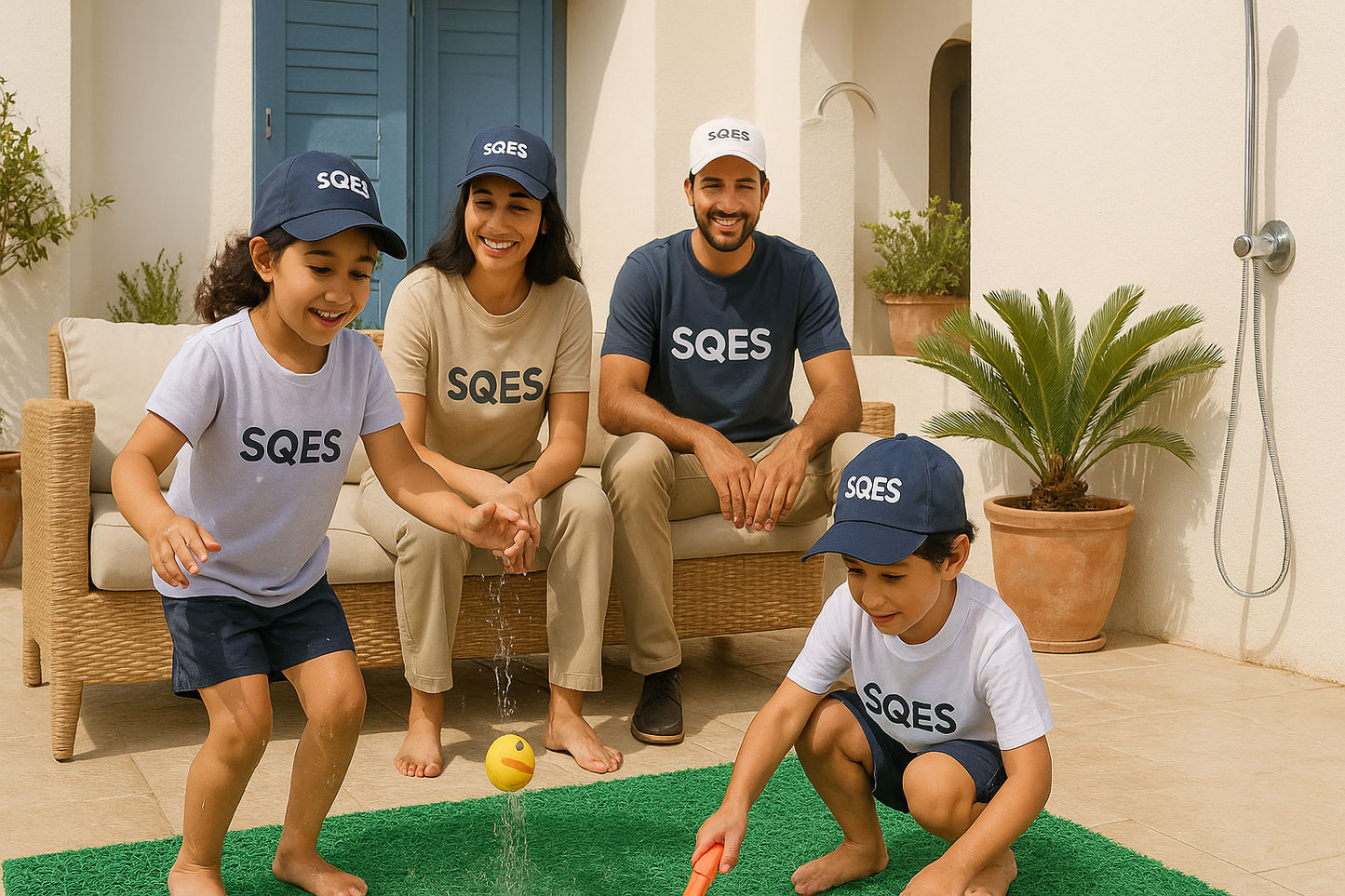 Famille sur terrasse avec tapis sécurisé