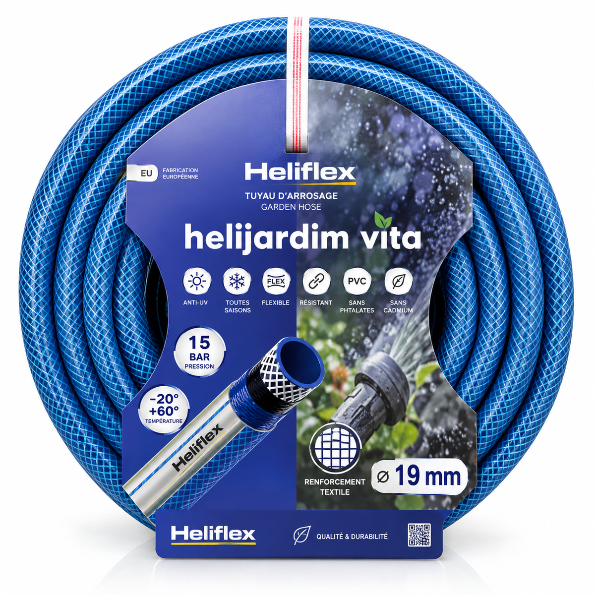 Tuyau jardin HELIFLEX HELIJARDIM BLEU-I 19 mm, vendu au rouleau de 25 m. Idéal pour l'arrosage et le jardinage.