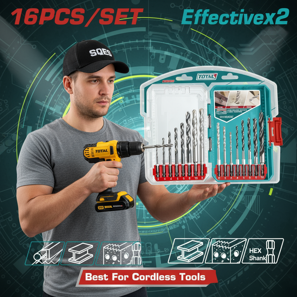 Ensemble de 16 Forets TOTAL TACSDL11608 - Métal, Beton et Bois - coffret meche