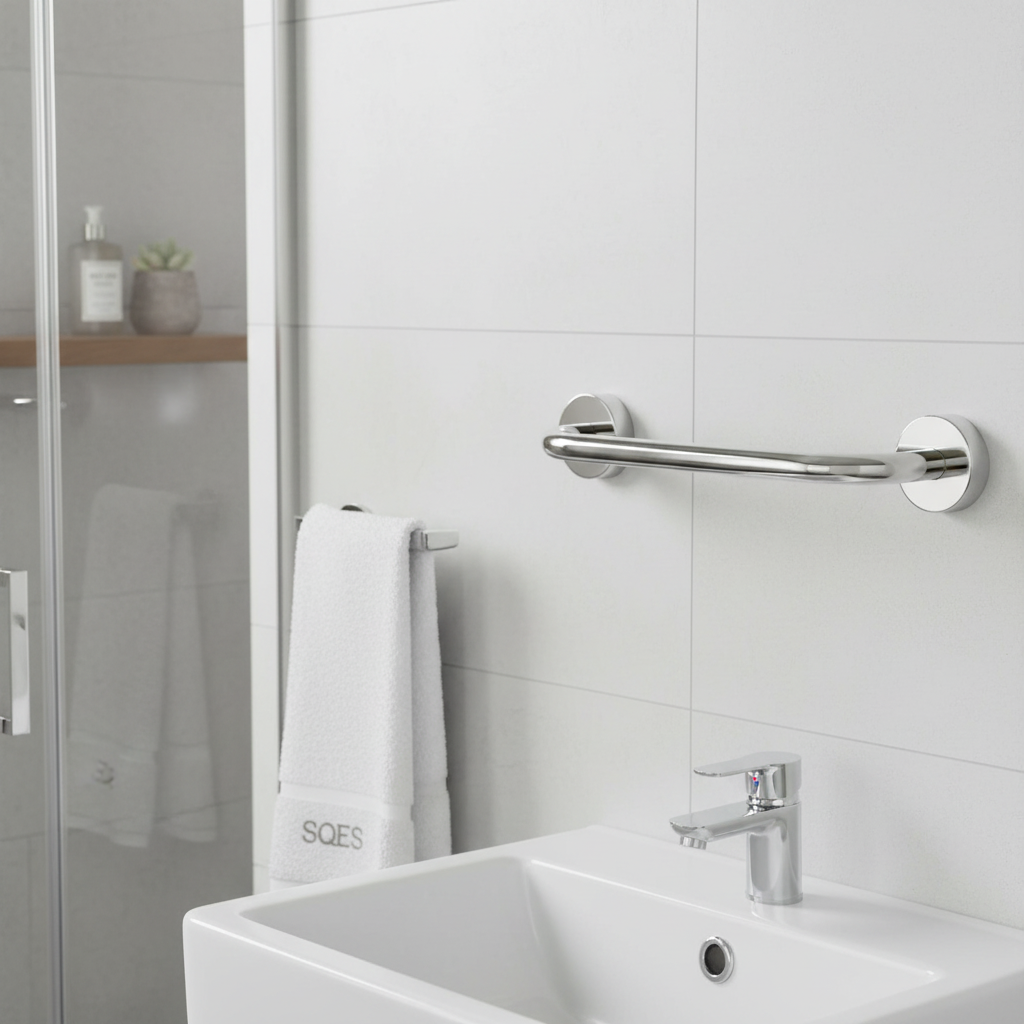 Barre d'appui Duxxa 20 cm chromée installée dans salle de bain moderne SQES