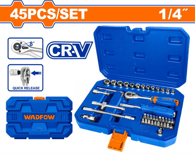 Coffret Douilles 45 Pcs 1/4" 6 Pans CR-V Quick Release WADFOW