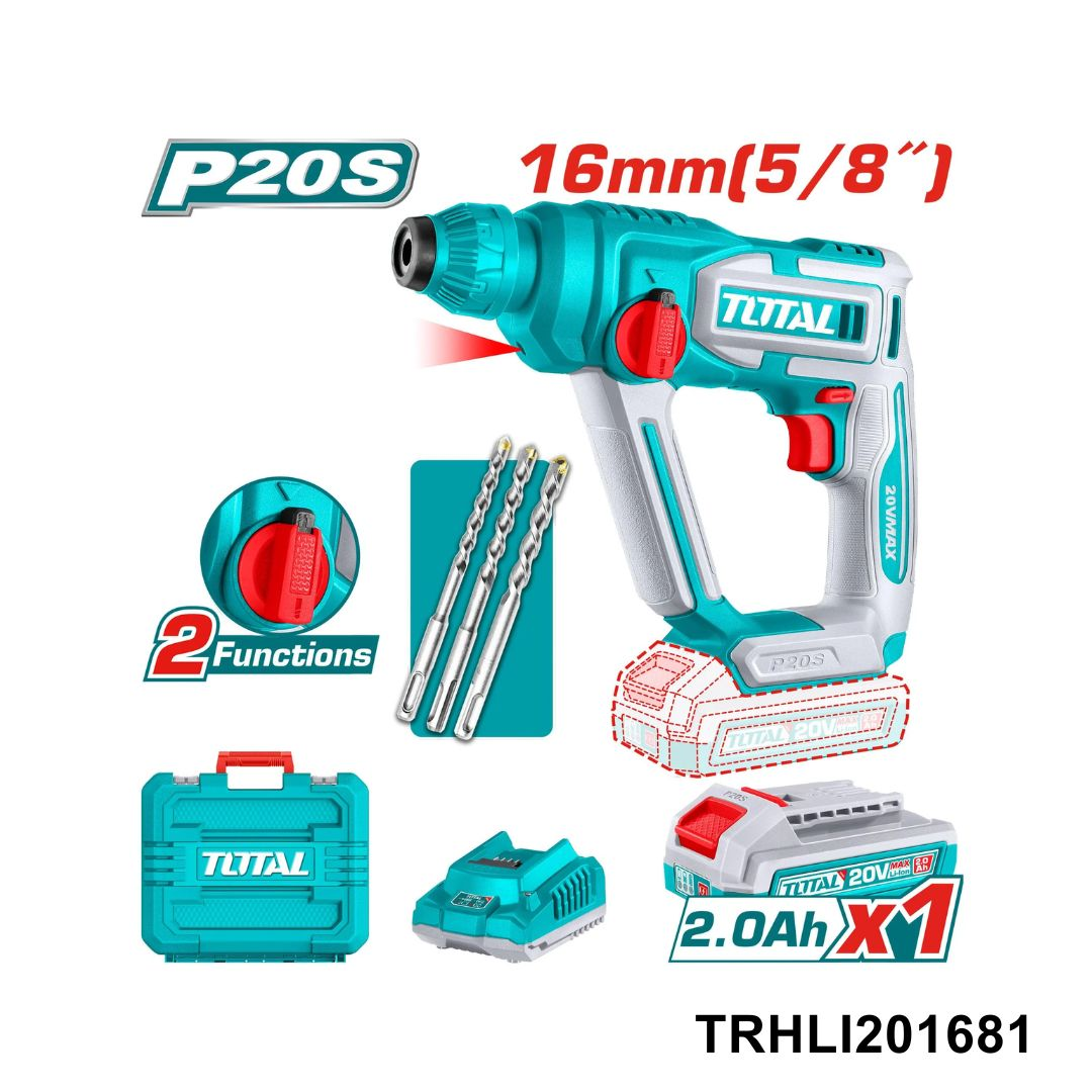 Marteau Perforateur Sans Fil TOTAL TRHLI201681 – 20V SDS-Plus 16mm 1,5J LED