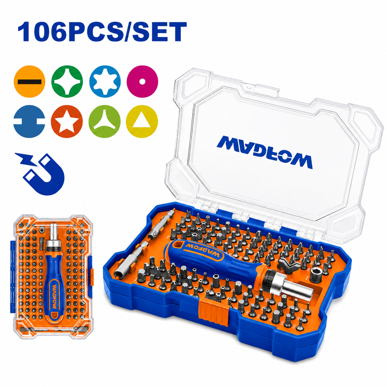 Jeu de 106 Tournevis WADFOW WSS8B05 — Coffret Ultra-Complet PH PZ Torx Plat Chrome-Vanadium Atelier Bricolage | SQES Tunisie