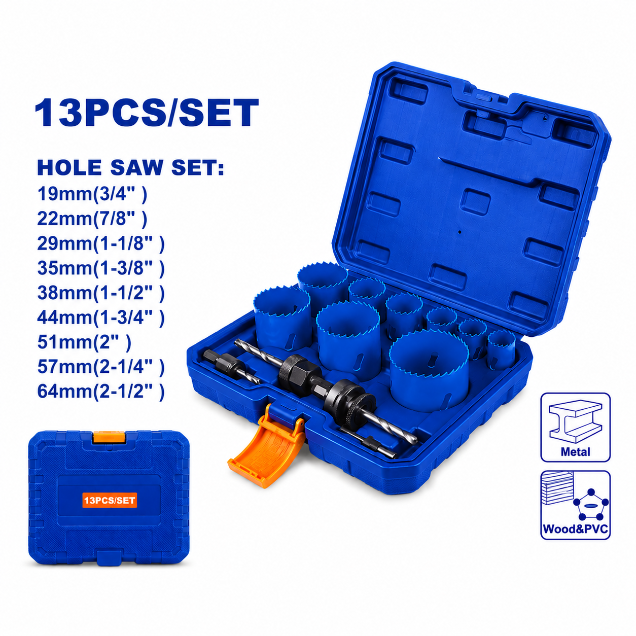 Jeu 13 Scies à Trépan Bimétalliques WADFOW WKJ3413 — D19-64mm Bois Métal Plastique Plomberie Électricité Menuiserie | SQES Tunisie