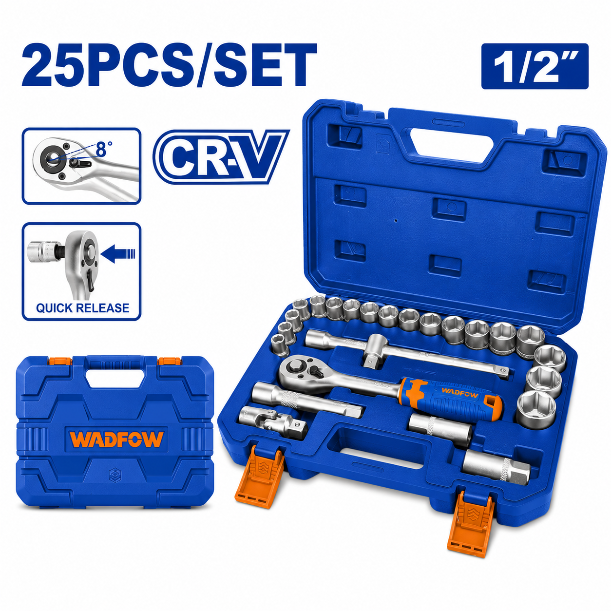 Jeu de 25 Pièces Clé Cliquet 1/2" Cr-V WADFOW WST2D25 — Coffret Douilles Chrome-Vanadium Mécanique Auto Atelier | SQES Tunisie