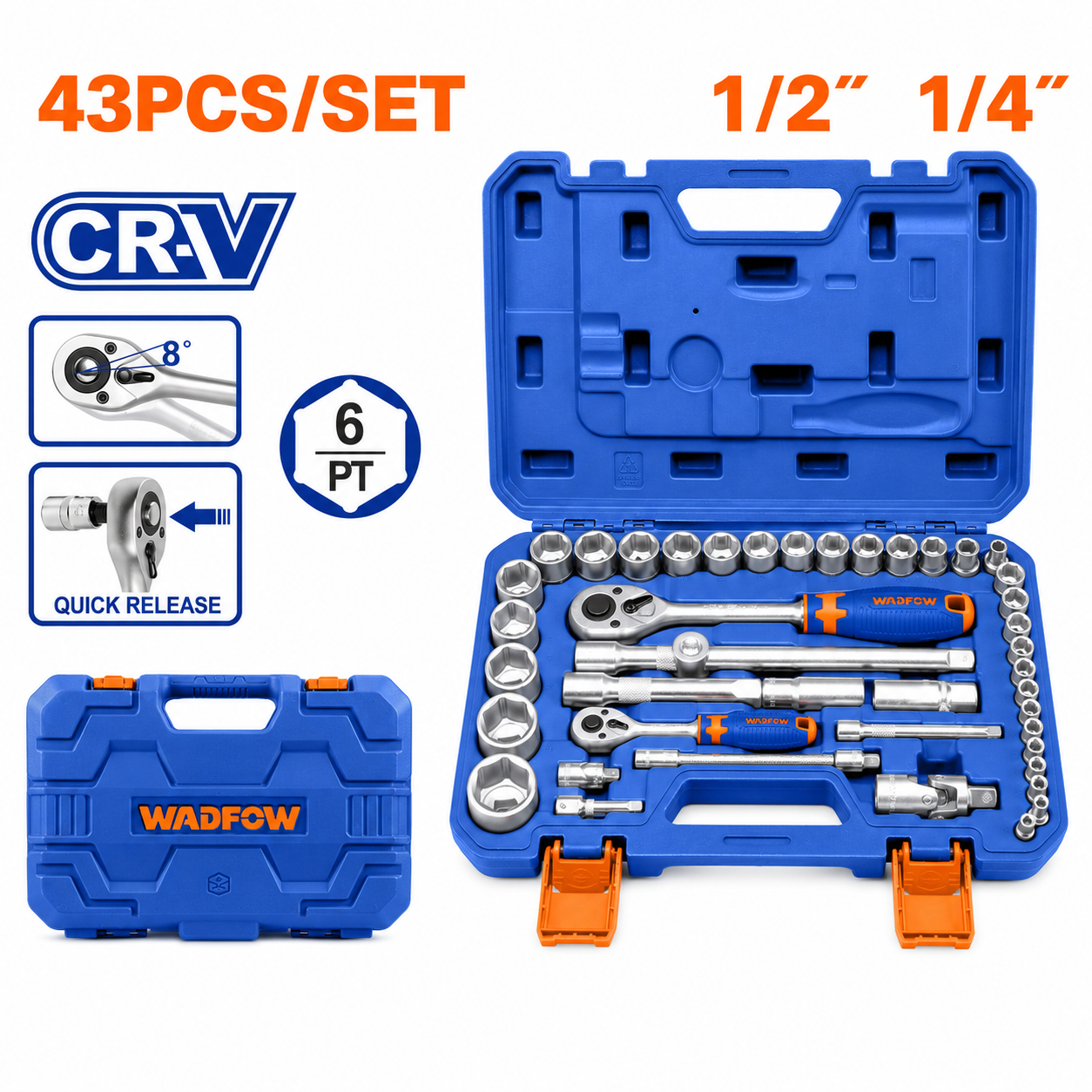 Jeu de 43 Pièces Clé Cliquet 1/2"+1/4" Cr-V WADFOW WST3D43 — Coffret Double Entraînement Chrome-Vanadium Mécanique Atelier | SQES Tunisie